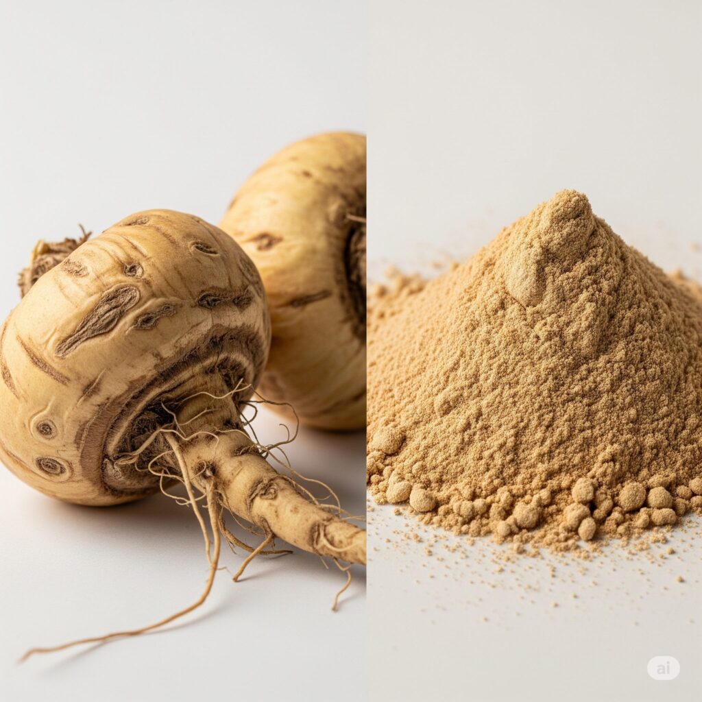 Maca Root in vegetable form and also in powdered form